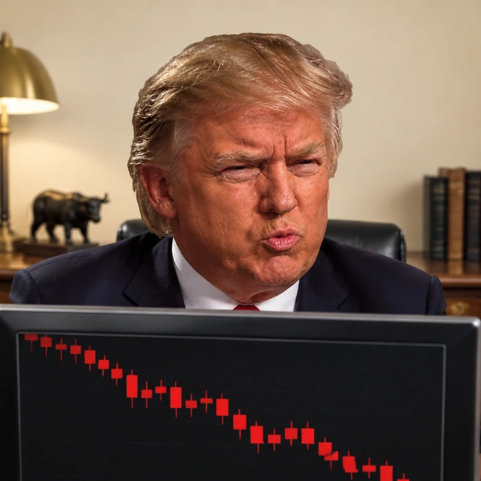 Sigma Trump faces a falling red candlestick chart without changing his expression.