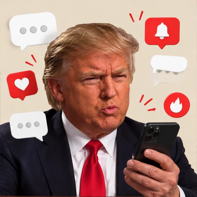 Sigma Trump reads his phone, surrounded by chat notifications, with the same Sigma expression.