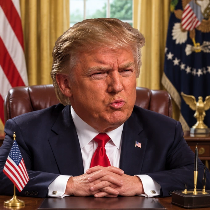 Sigma Trump sits at a presidential desk. The expression remains unchanged.